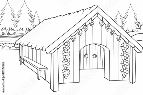 Black and white illustration of a rustic wooden shed with grapevines.