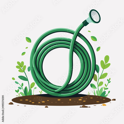 lucky horseshoe magnetStylized green garden hose wrapped with small plants and soil on a clean background