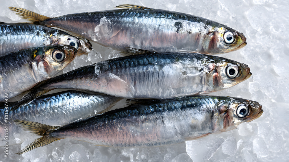 Fototapeta premium Fresh Whole Sardines on Ice with Realistic Details for Culinary and Seafood Photography