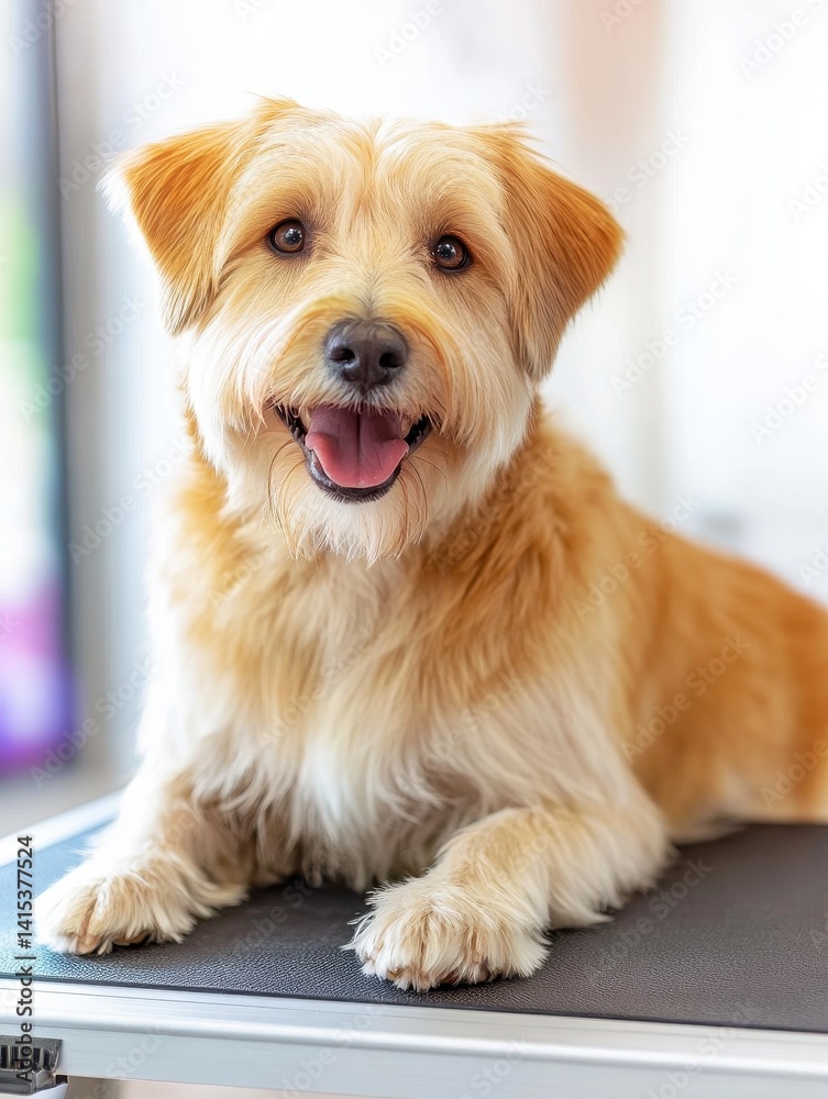 Happy golden dog lounging on grooming table in bright, modern pet salon with colorful background Happy golden dog lounging on grooming table in bright, modern pet salon with colorful background