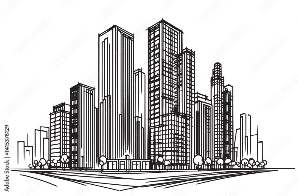 Naklejka premium one line logo sketch black silhouette building complex