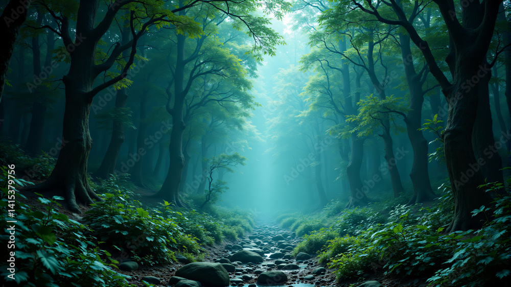 Fototapeta premium Enchanting Forest Scene with Mist and Greenery