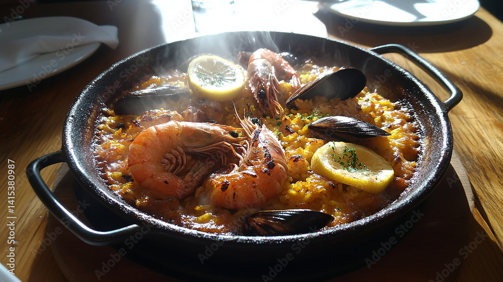Hot pan of paella with seafood and lemon