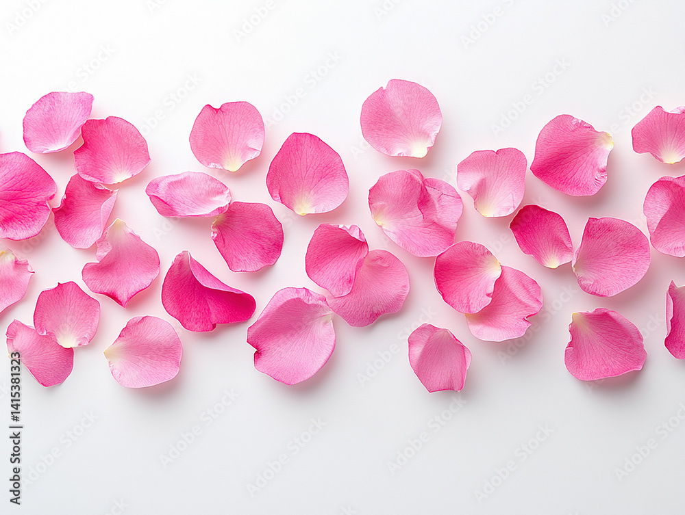 Obraz premium Petals of pink rose on a white background. Top view. Pattern.