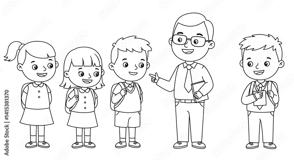 kids and teacher in the classroom, coloring page for children, Black and white illustration. kids and teacher in the classroom, coloring page for children, Black and white illustration.