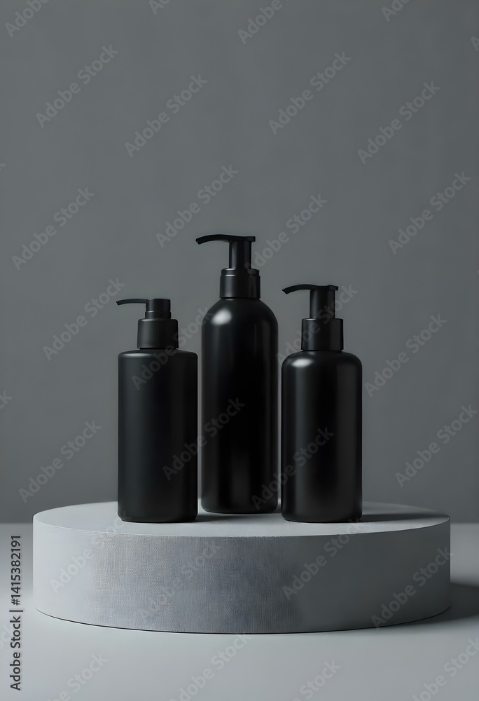 Three black cosmetic containers on a gray podium, against a gray background Three black cosmetic containers on a gray podium, against a gray background