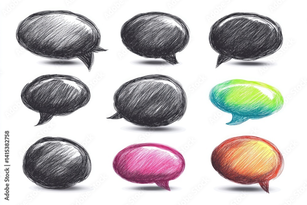 Hand-drawn speech bubbles in grayscale and color Hand-drawn speech bubbles in grayscale and color