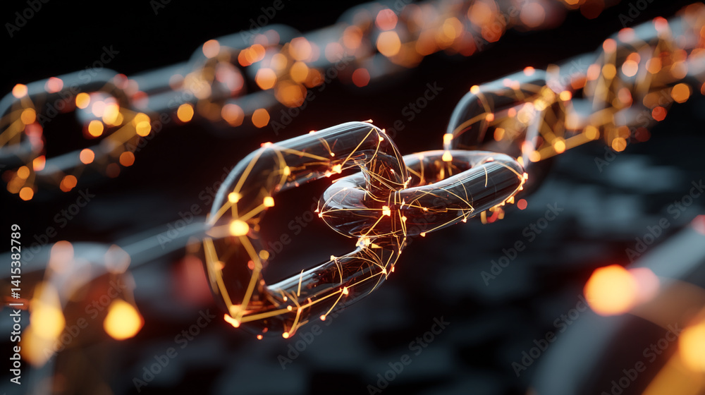 3D Abstract Network Visualization: Glowing Chain Link in Futuristic Digital Art – Blockchain and Connectivity Symbol