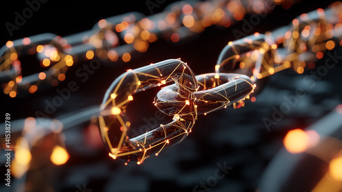 Obraz na płótnie 3D Abstract Network Visualization: Glowing Chain Link in Futuristic Digital Art – Blockchain and Connectivity Symbol w salonie