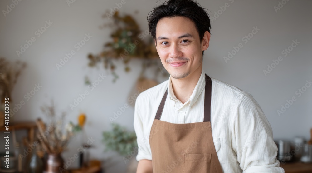 Young Japanese Man Smiling in an Apron Against a Soft Focus Background in a Cozy Environment