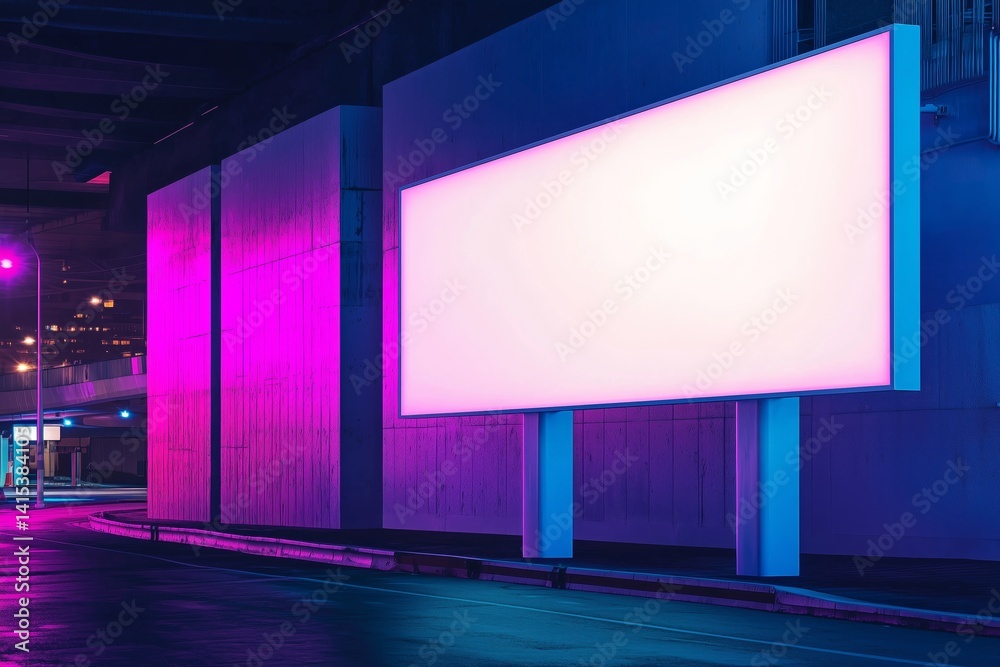 Blank Horizontal Billboard Illuminated in Neon Urban Night Scene – Space for Text Blank Horizontal Billboard Illuminated in Neon Urban Night Scene – Space for Text