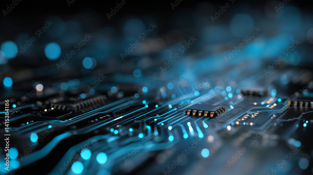 High-Tech Circuit Board Abstract With Blue LED Lights and Digital Pattern for Innovative Electronic Devices and Network Connections