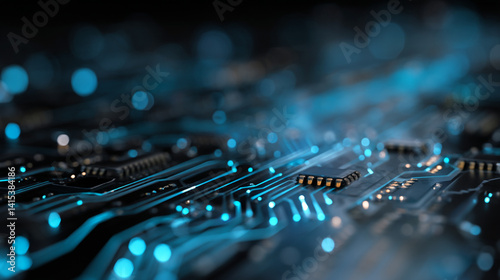 High-Tech Circuit Board Abstract With Blue LED Lights and Digital Pattern for Innovative Electronic Devices and Network Connections