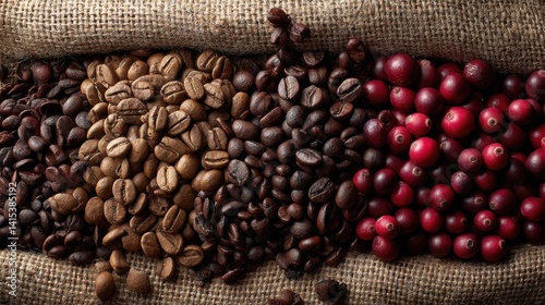 Coffee Beans Variety: a rustic display of various coffee beans in different stages of roasting, from raw red cherries to dark roasted beans.
