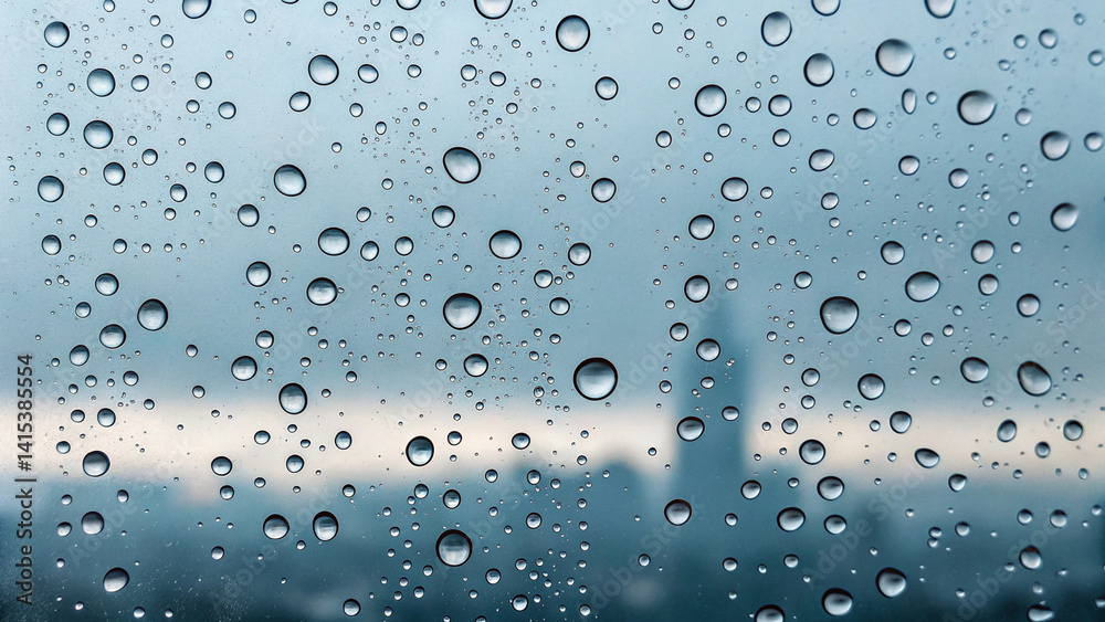 Rain Drops on Window with Urban Landscape in Background Creating Moody Atmosphere in City Rain Drops on Window with Urban Landscape in Background Creating Moody Atmosphere in City