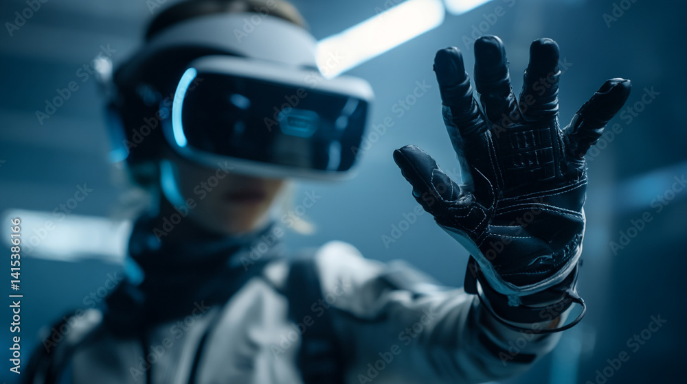 Immersive VR Headset Experience: Futuristic Gaming Technology & Cybernetic Suit in Virtual Reality World