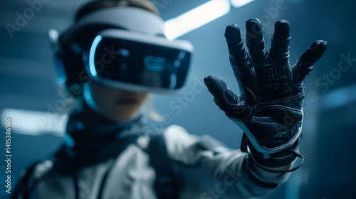 Obraz na płótnie Immersive VR Headset Experience: Futuristic Gaming Technology & Cybernetic Suit in Virtual Reality World w salonie