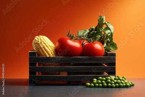 Fresh produce in a wooden crate against an orange backdrop. photo