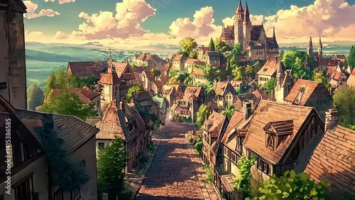 Enchanting European Townscape with Hilltop Castle and Quaint Architecture