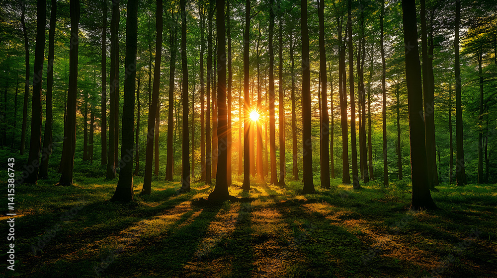 Obraz premium Golden sunlight streams through forest