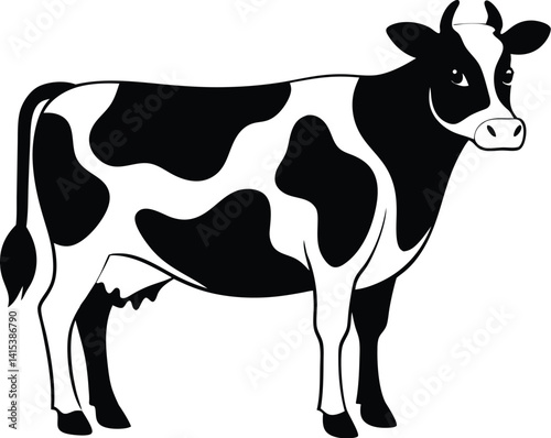 Holstein dairy cow icon, Spotted cattle flat vector, Farm animal cow illustration, Cow icon for agriculture apps, Black and white cow graphic