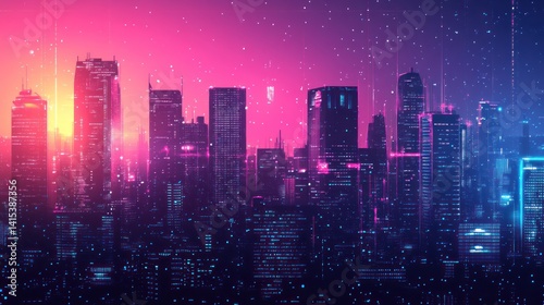 Wallpaper Mural Futuristic Cyberpunk Cityscape with Glowing Neon Lights and Digital Overlay Torontodigital.ca