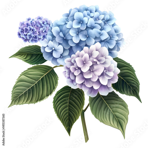 realistic hydrangea flower cluster with soft blue and lavender petals and large green leaves detailed botanical illustration clip art white background