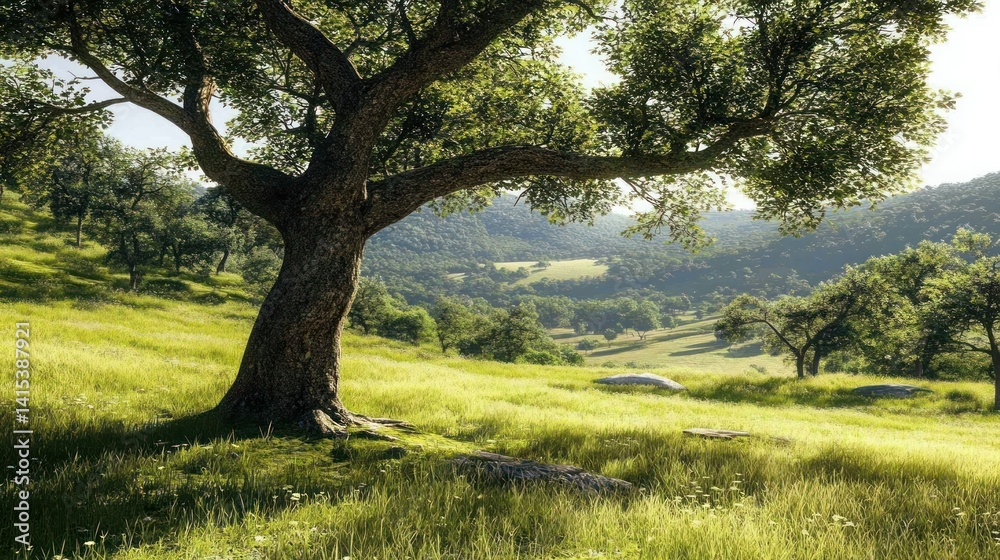 Lush green valley, sunlit landscape Lush green valley, sunlit landscape