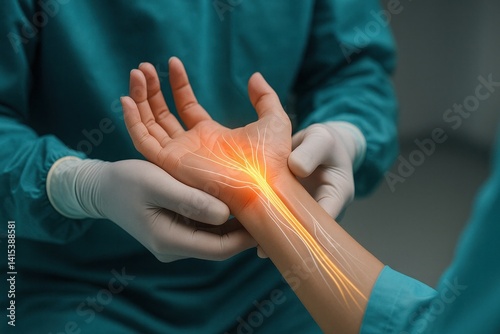 Close-up of hands surgeon in uniform assessing wrist pain in carpal tunnel syndrome, showing light effect and median nerve anatomy overlay