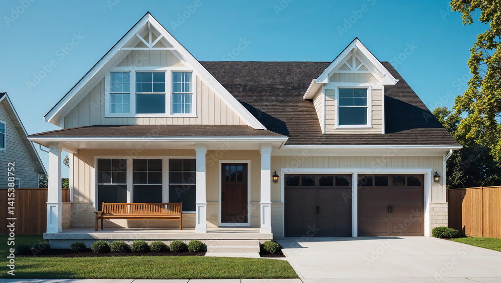 Classic american single family home with garage and porch on sunny day Classic american single family home with garage and porch on sunny day