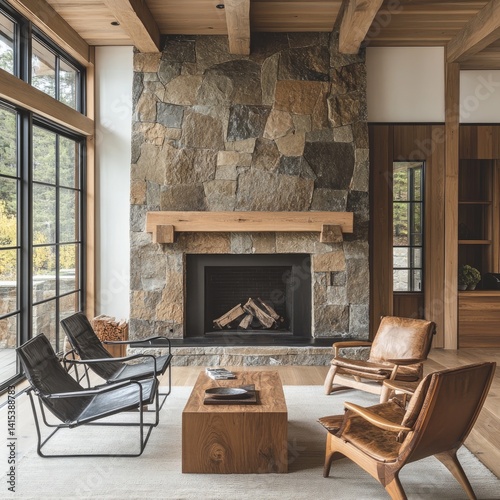A cozy living room with a rustic stone fireplace and wooden accents. photo