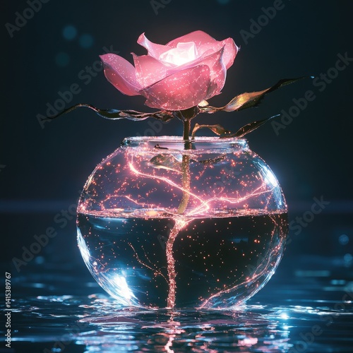Glowing rose in a glass bowl.  A vibrant pink rose with luminous energy, seemingly growing from within a clear glass bowl filled with glowing water photo