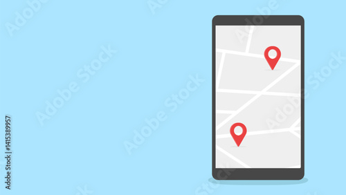 A smartphone displaying a map with two red location pins on a light blue background