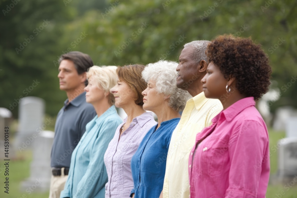 group of diverse people of varying ages standing solemnly against backdrop of blurred cemetery scene group of diverse people of varying ages standing solemnly against backdrop of blurred cemetery scene