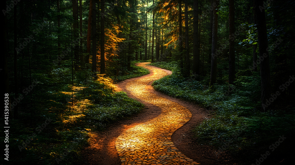 Obraz premium Winding cobblestone path glows under a dark forest canopy leading the eye through a lush green landscape bathed in gol
