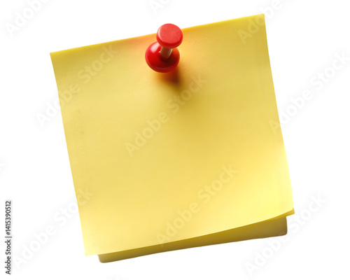 Yellow sticky post it note with red push pin on a transparent background