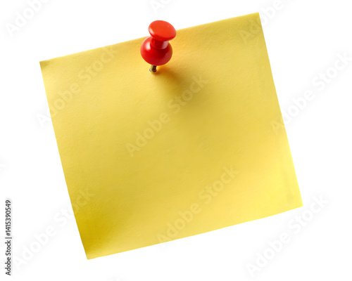 Yellow sticky post it note with red push pin on a transparent background