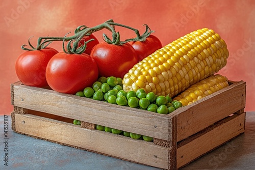 Freshly picked tomatoes, corn, and peas in a wooden crate. photo