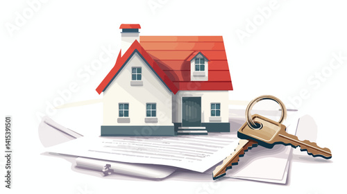 House Rental Agreement and Key with House Shaped Keychain on White Background