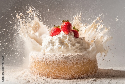 Strawberry shortcake explosion; whipped cream, strawberries, and sugar photo