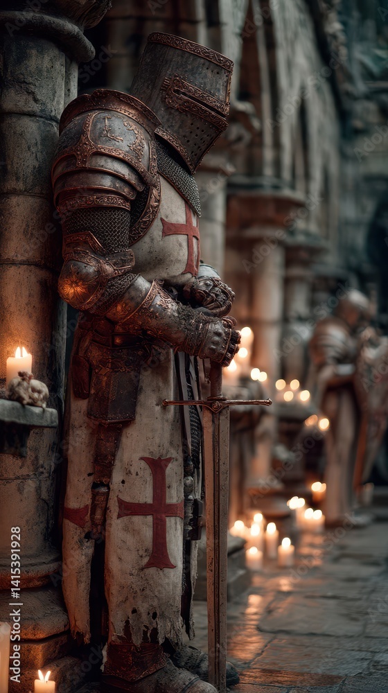 Fototapeta premium Medieval Knight Guarding Crypt with Sword 