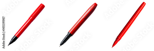 Set of A close-up shot of a red pen and a black pen resting on a wooden desk with natural sunlight on transparent png background. Ai generated