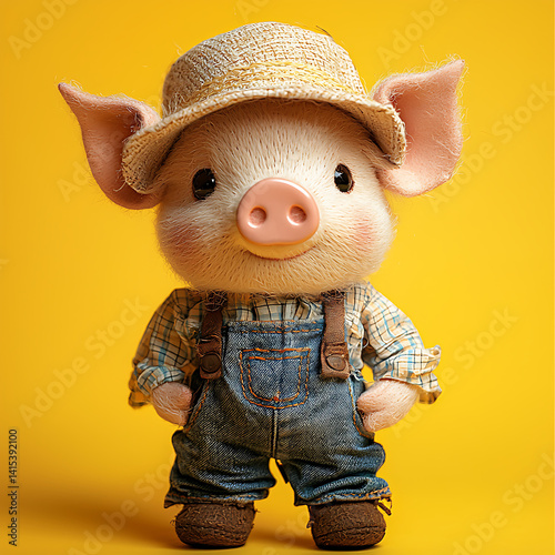 Cute Plush Piglet Wearing Overalls and Hat with Bright Yellow Background
