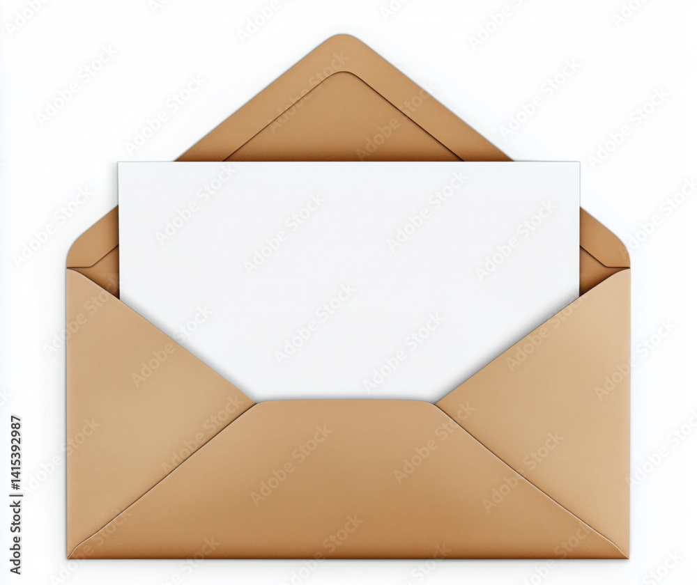 Brown open envelope showing blank white card on white background Brown open envelope showing blank white card on white background