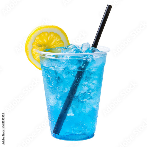 fresh icy blue lemonade on a transparent takeaway plastic cup, for logo mockup, png transparent background