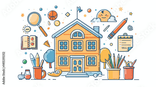 Modern School Building Design on White Background Vector Illustration