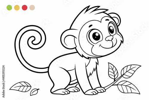 cute animal monkey coloring page for kids, colorless, uncolored, black and white