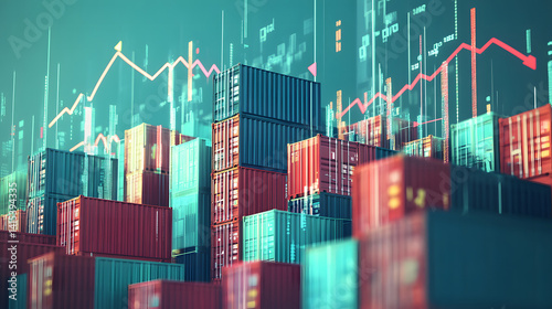 Conceptual image of increasing import tariffs, shipping containers stacked with price tags, upward arrows, bar charts, and money symbols, global trade theme, economic tension vibes