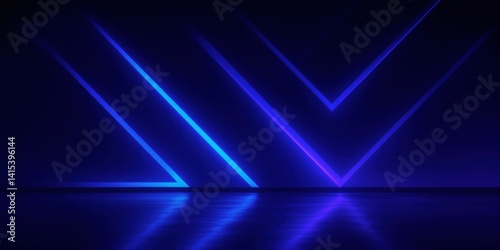 Fototapeta Naklejka Na Ścianę i Meble -  Abstract Neon Blue and Purple Geometric Light Pattern with Futuristic Glowing Lines, Technological Design, Reflection on Dark Background, and Copy Space