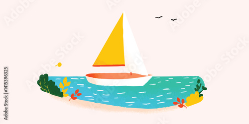A quaint illustration of a sailboat navigating serene waters, the golden sail billows gracefully against a vibrant azure backdrop.